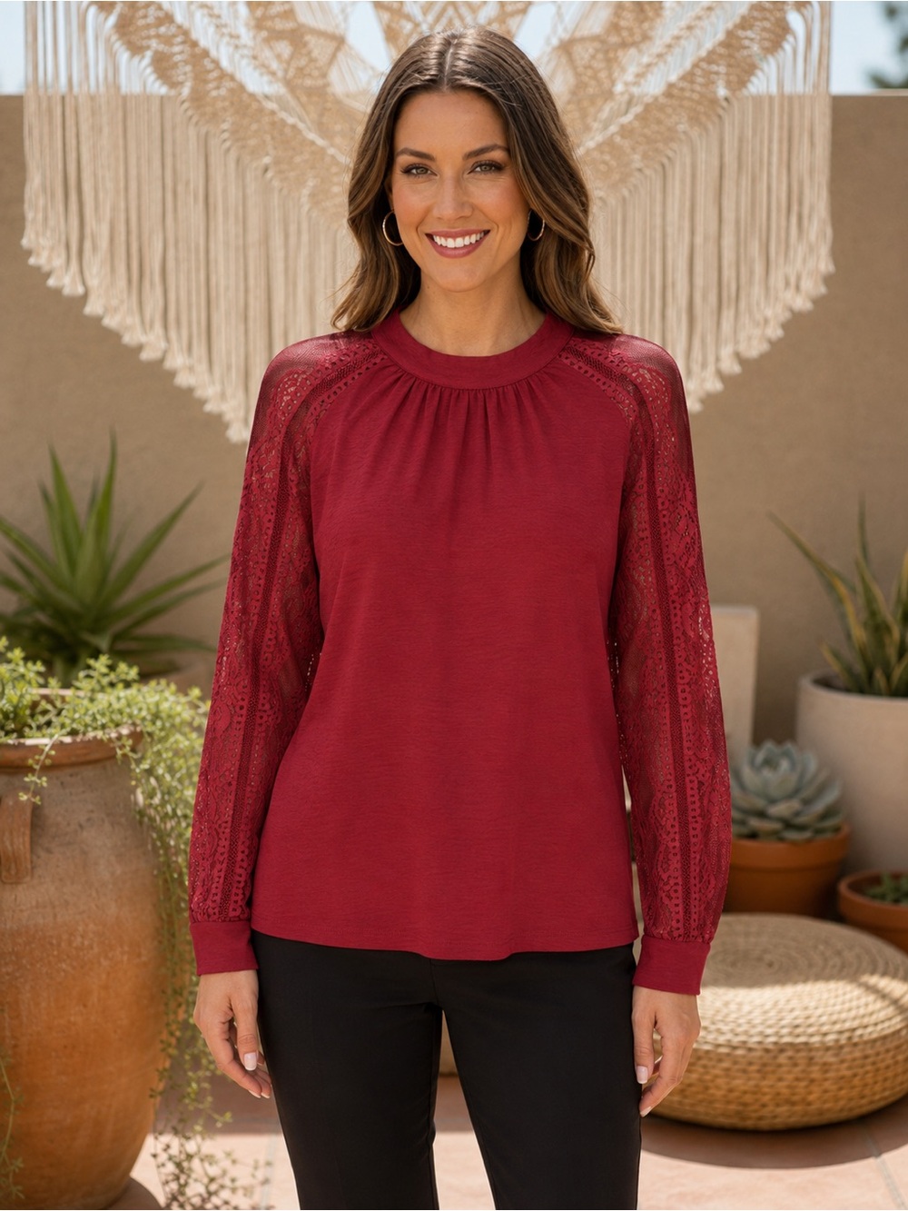 163 white birch Burgundy Lace-Sleeve Long-Sleeve Top Size XL